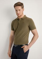 Men's khaki polo shirt POLMT-0055A-8D(W26), front product view on model. Half silhouette visible.