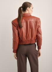 Women's red leather jacket KURDS-0624-3D(Z26), product view from the back on the model. Half of the silhouette visible.