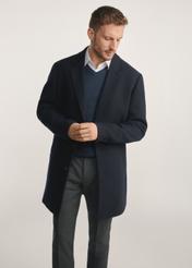 Navy blue men's coat PLAMT-0006-69(Z25), product visible from the front on the model, half of the silhouette visible.