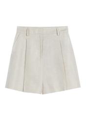 Light beige women's linen shorts SZODT-0016-1A(W26), front product view on white background.
