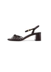 Dark brown leather block heel sandals BUTYD-1234-1IW26), side product view on white background.