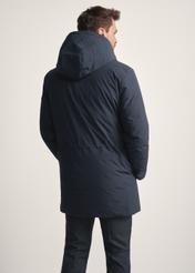 Men's navy blue jacket with natural insulation KURMT-0394-69(Z25) - product view from the back against a white background. Knee-length silhouette visible.