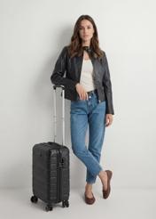 Small suitcase on wheels WALAB-0067-99-19(W25), product view diagonally next to the model, the entire model is visible.