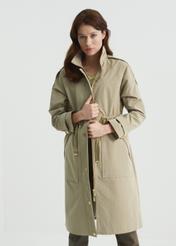 Women's olive colored coat with a button closure KURDT-0353-57(W22)-03