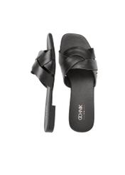 Women's leather flip-flops in black BUTYD-1159-99(W25), product view from above on a white background.