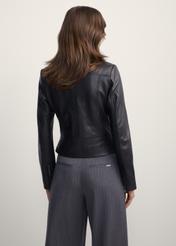 Women's leather biker jacket KURDS-0274-5491(KS), back view of the product on the model. Half of the silhouette visible.