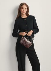 Small brown crocodile leather handbag TORES-1231-1H(W26) - front view of the product, on a model, against a light background. Knee-length silhouette visible.