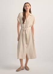 Light beige long dress with short sleeves SUKDT-0180A-1A(W26), front view of the product on the model. Full body visible.