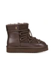 Chocolate women's snow boots BUTYD-1221-89(Z25), product view from the side on a white background.