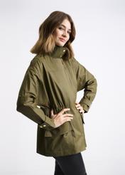 Olive colored women's jacket with a ribbed hem KURDT-0354-57(W22)-02