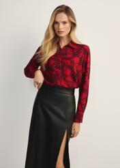 Women's burgundy floral shirt KOSDT-0173-49(Z25), front view of the product on the model, half of the silhouette visible.