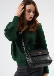 Women's handbag with croco elements TOREC-0860A-97(Z25), front view of the product on the model. Half of the silhouette visible.