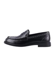 Women's leather moccasins in black BUTYD-1326-9F(Z26), side view of the product on a white background.