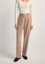 Beige elegant women's trousers SPODT-0106A-1D(W26), front view of the product on the model. Half of the silhouette visible.