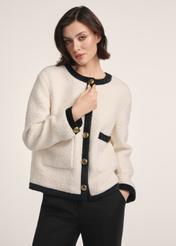 Cream short women's jacket with wool FUTDW-0037-12(Z25) - front view of the product on a model on a white background. Half of the silhouette visible.