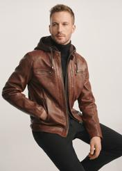 Brown men's leather jacket with hood KURMS-0385-2875(Z25), diagonal view of the product on the model, half of the silhouette visible.