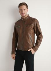 Men's leather jacket in cognac color KURMS-0397-1F(W26), front view of the product on the model. Half of the silhouette visible.