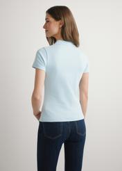Light blue women's polo shirt POLDT-0006-7A(W26), back view of the product on the model. Half of the silhouette visible.