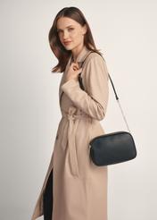 Small black women's handbag TOREC-1164-99(W26), front view of the product on a model, half of the silhouette visible.