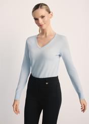 Sky blue women's sweater SWEDT-0250-62(Z25), front view of the product on the model. Half of the silhouette visible.