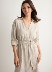 Beige linen midi dress SUKDT-0282-1A(W26), front view of the product on the model. Half of the silhouette visible.