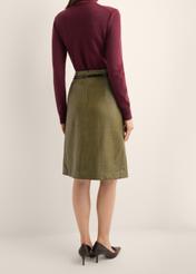 Olive leather skirt SPCDS-0083-8E(Z26), back view of the product on the model. Half of the silhouette visible.