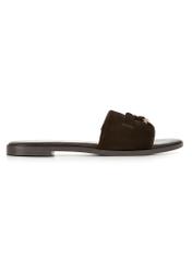 Women's suede slides in dark brown color BUTYD-1255-1I(W26), side view of the product on a white background.