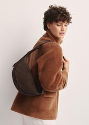 Brown suede semi-circular women's handbag TORES-1178-89(Z25) - front view of the product on a model against a white background. Half of the silhouette visible from the side.