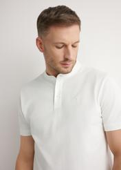 Cream men's polo shirt POLMT-0061-0B(W26), close-up of the product on the model's silhouette.