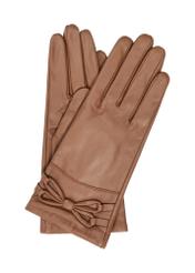 Women's brown leather gloves with bow REKDS-0025-24(Z23)-01