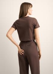 Dark brown cotton women's T-shirt TSHDT-0144-1I(Z26), back view of the product on the model. Half of the silhouette visible.