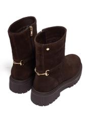 Dark brown suede women's ankle boots BUTYD-1282-1I(Z26), product view from the back on a white background.