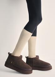 Brown women's snow boots BUTYD-1220-89(Z25), side view of the product on the model's feet.