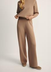 Women's camel viscose trousers SPODT-0116-24(Z25), front view of the product on the model. Half of the silhouette visible.