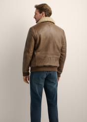 Men's brown leather bomber jacket KURMS-0424-1K(Z26), product view from the back on the model. Half of the silhouette visible.