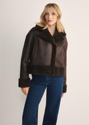Women's brown leather sheepskin coat KOZDS-0096-3099(Z25) - front view of the product, on a model, against a white background. Knee-length silhouette visible.