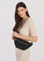 Black women's waist bag TOREC-0788C-99(Z25) - product view on a model on a white background. Half of the silhouette visible.