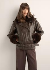 Women's dark brown leather jacket KURDS-0616-1I(Z26) - front view of the product, on a model, against a light background. Half of the silhouette visible.
