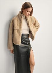 Beige short women's fur coat FUTDP-0071-81(Z25), diagonal view of the product on the model, half of the silhouette visible.