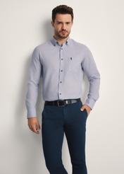 Blue cotton men's shirt KOSMT-0299A-62(Z25), front view of the product on the model. Half of the silhouette visible.