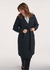 Black women's coat with insulation KURDT-0610-99(Z25), front view of the product on the model, half of the silhouette visible.