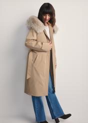 Beige women's winter jacket KURDT-0613-81(Z25) - side view of the product, on a model against a white background. Full body visible.