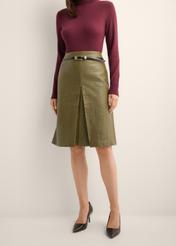 Olive leather skirt SPCDS-0083-8E(Z26), front view of the product on the model. Half of the silhouette visible.