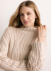 Women's oversized sweater in light beige SWEDT-0278-1A(Z26), front view of the product on the model. Close-up of the model's face.