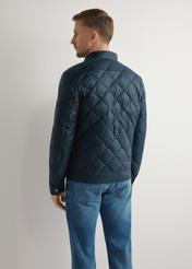 Men's navy blue quilted jacket KURMT-0327-7C(W26) - back view of the product on the model, against a light background. Knee-length silhouette visible.