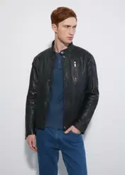 Men's leather jacket with stand-up collar KURMS-0293-1311(W23)-02