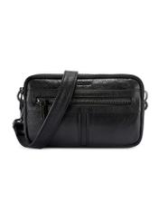 Small black leather men's bag TORMS-0492-99(W26), product view from the front on a white background.