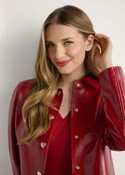 Red short women's jacket KURDS-0612-4B(W26), front view of the product on the model, close-up of the torso.