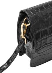 Black small croco leather handbag TORES-1233-9G(W26), close-up of product detail, view on white background.