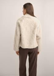 Beige short women's fur coat FUTDP-0058-1A(Z26), product view from the back on the model. Half of the silhouette visible.